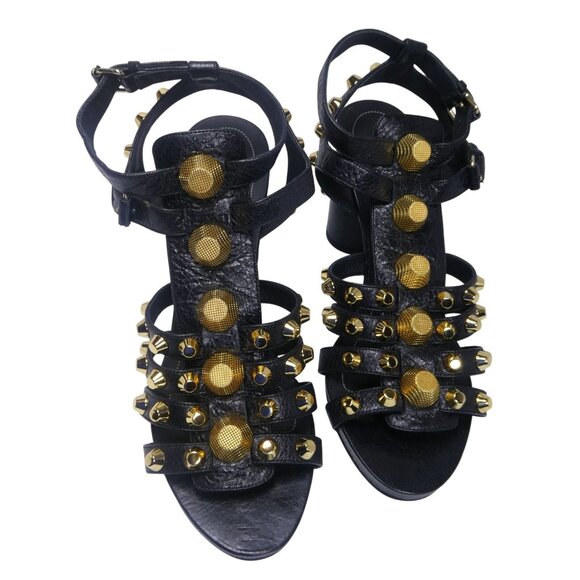 Balenciaga Sandalo S.Cudio Arena Noir (Black) Sandal Heels Gold Studs Size 9 - Picture 1 of 11